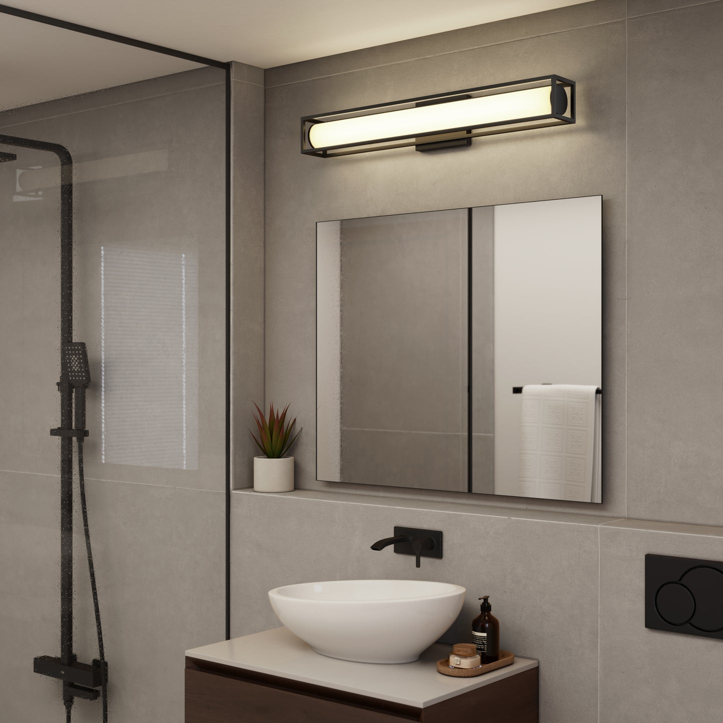 Modern bathroom with the Venicia LED Wall Sconce by Artika above a rectangular mirror, vessel sink on wooden vanity, black faucet, soap dispenser, small plant, and glass shower door.
