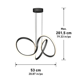 The Artika Swirl LED pendant light features a modern black design with three interlocking loops, suspended from the ceiling. Max height: 201.5 cm (79.33 in), width: 53 cm (20.87 in).