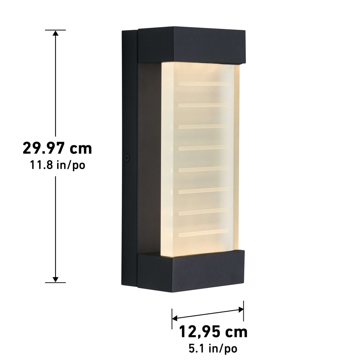 Rectangular black wall sconce light with frosted panel, vertically oriented. Dimensions shown: 29.97 cm (11.8 inches) tall and 12.95 cm (5.1 inches) wide.