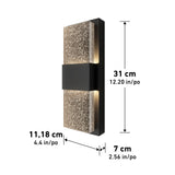 Rectangular wall sconce with a black center band and textured panels, shown with measurements: 31 cm (12.20 in) high, 11.18 cm (4.4 in) wide, and 7 cm (2.56 in) deep.