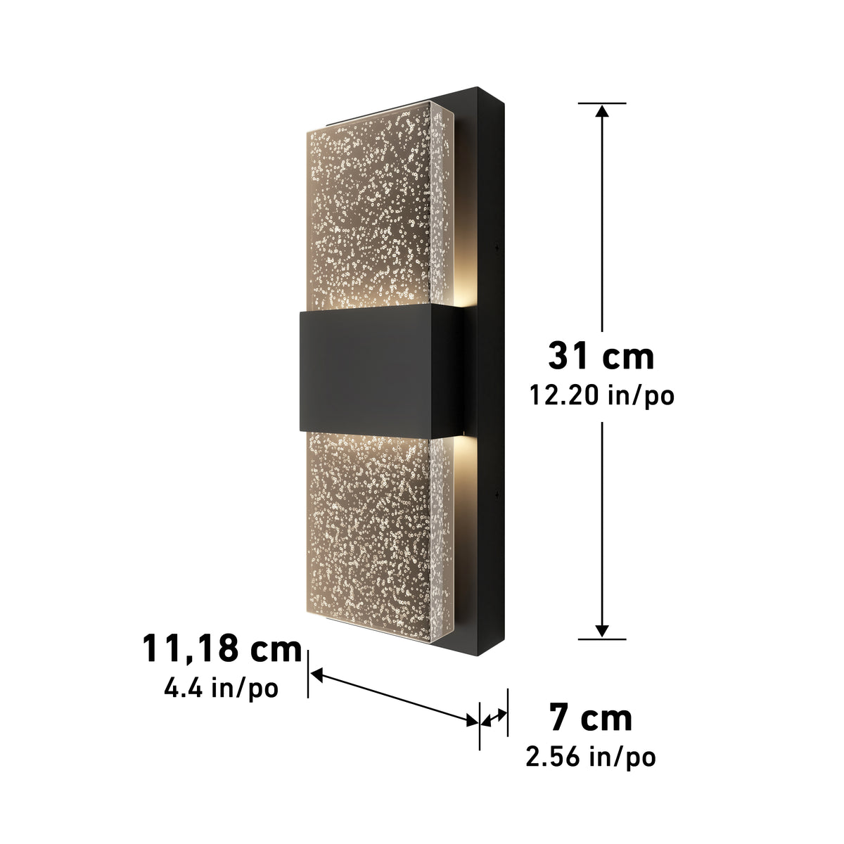 The Mazza Bubble indoor-outdoor LED wall light by Artika features a black center, dual textured translucent panels, and measures 31 cm tall, 11.18 cm wide, and 7 cm deep.