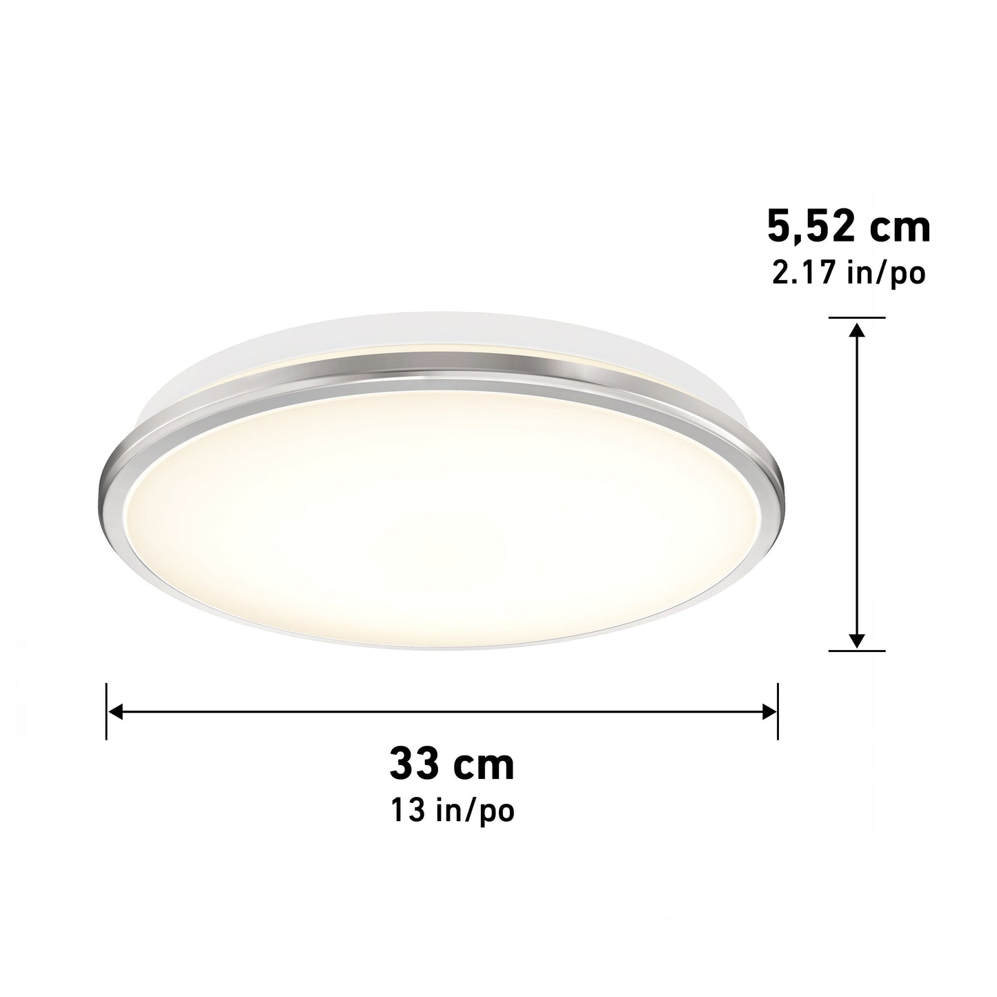 The Artika-CAN-dev Vera 13 in. LED modern flush mount light features a glowing white surface, sleek matte black band, and measures 33 cm (13 in) wide by 5.52 cm (2.17 in) high; compatible with LED dimmers. Black lines indicate dimensions.