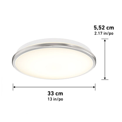 The Artika-CAN-dev Vera 13 in. LED modern flush mount light features a glowing white surface, sleek matte black band, and measures 33 cm (13 in) wide by 5.52 cm (2.17 in) high; compatible with LED dimmers. Black lines indicate dimensions.
