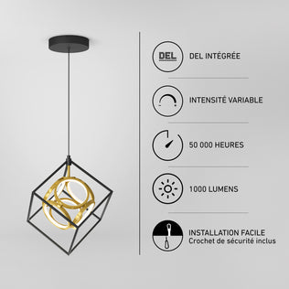A gold and black geometric Artika Mini Luxury LED pendant light with an infographic listing 1000 lumens, dimmable features, and a 50,000-hour life.