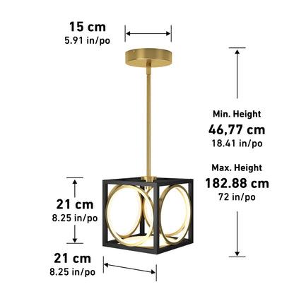 The Artika Astoria LED modern pendant light features a black square frame with gold circular accents, measures 21 cm wide/deep, has a 15 cm ceiling plate, and offers an adjustable height from 46.77 to 182.88 cm.