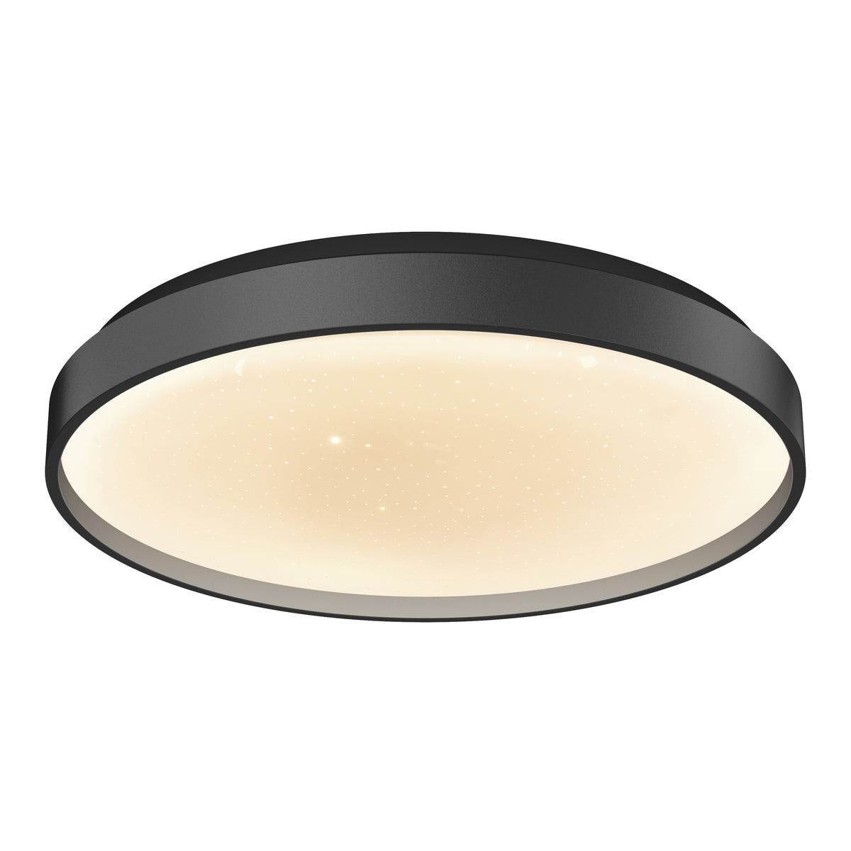 The Artika Celestia 15 in. modern LED flush mount light features a black frame, glowing frosted diffuser with starry sparkle effect, and emits soft warm light. Remote control included.