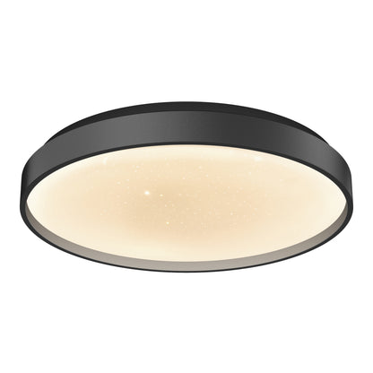 The Artika Celestia 15 in. modern LED flush mount light features a black frame, glowing frosted diffuser with starry sparkle effect, and emits soft warm light. Remote control included.