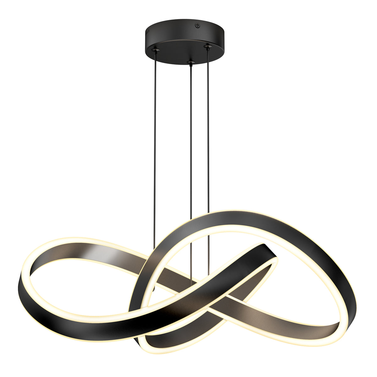 The Artika Bolero LED pendant light 5 CCT features a modern black and white sculptural design with two intertwined loops, adjustable brightness dimmer, and is suspended from a round black ceiling mount by three slim cables.