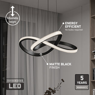 Artika Morgan LED contemporary pendant light 5 CCT with two interlocking rings, adjustable height, and a matte black finish.