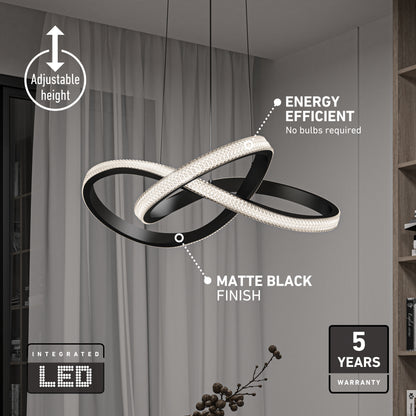 Artika Morgan LED contemporary pendant light 5 CCT with two interlocking rings, adjustable height, and a matte black finish.