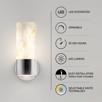 Artika Marble LED Contemporary Sconce 5 CCT: features a marble-like cylindrical shade, metal base, integrated dimmable LED (600 lumens), 50,000-hour lifespan, easy installation, and selectable white color temperatures.