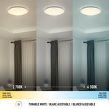 A ceiling light in a living room is shown at three color temperatures: warm white (2700K), neutral, and cool white (4500K). The light changes from yellowish to bluish, affecting the rooms ambiance and curtain colors.