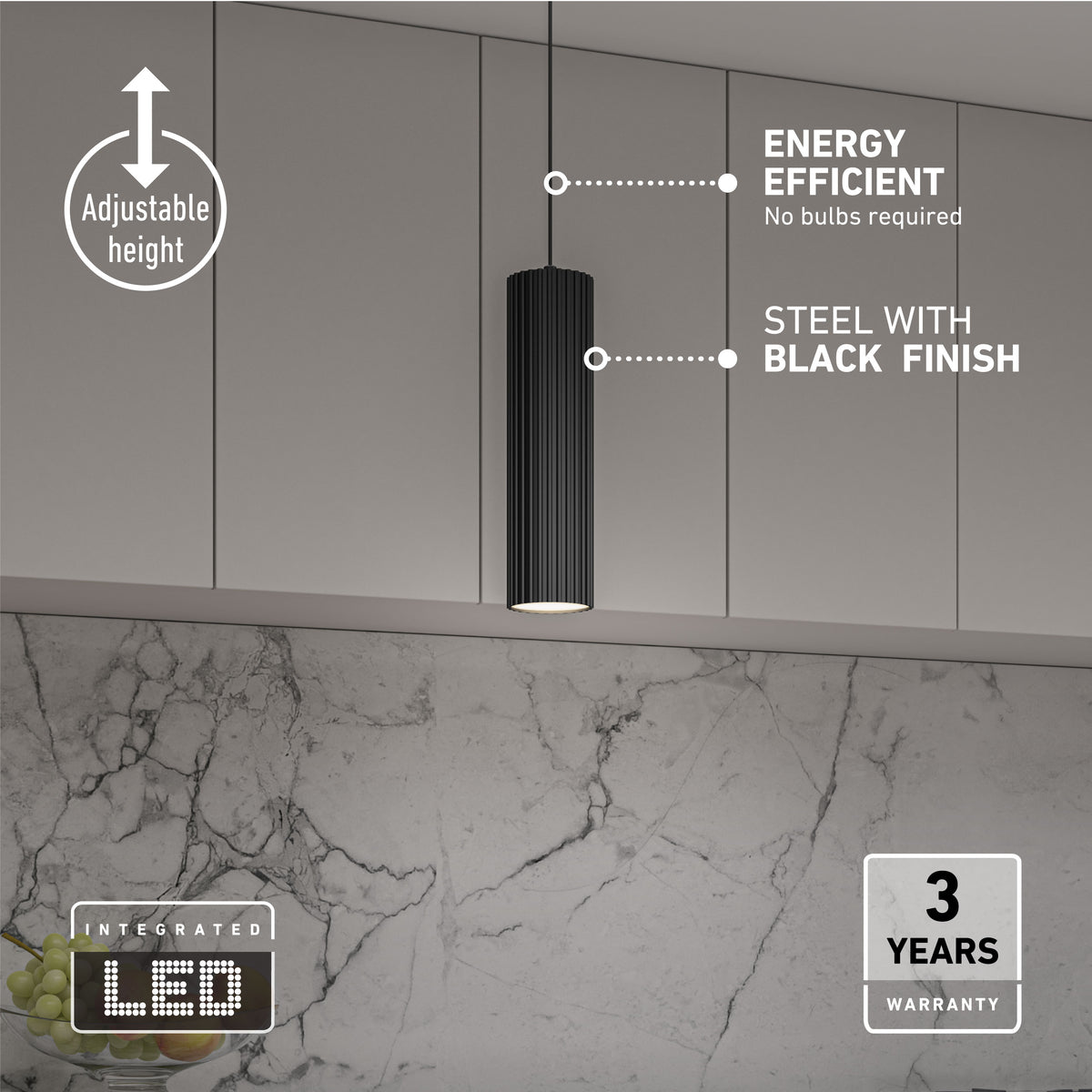 A modern kitchen with a black pendant light, labeled as energy efficient, steel with black finish, adjustable height, integrated LED, and 3-year warranty. Marble backsplash and grey cabinets are visible.