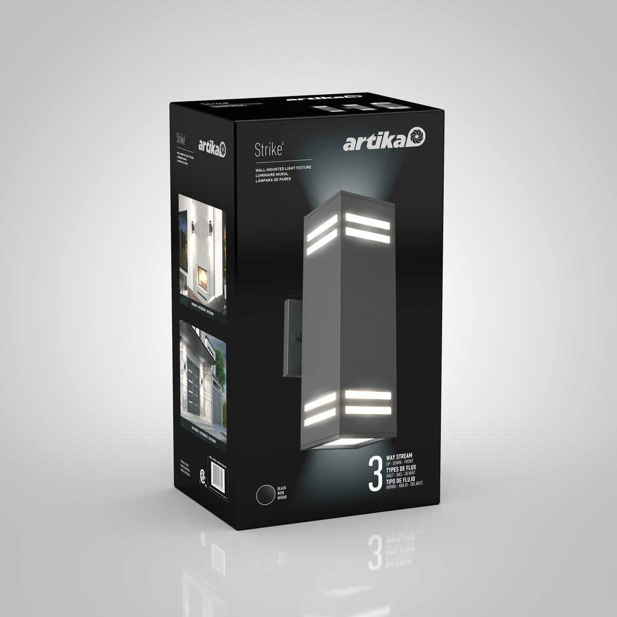 A product box for an Artika Strike outdoor wall light, featuring an image of the modern black fixture with horizontal LED light strips, product specifications, and installation examples on the packaging.