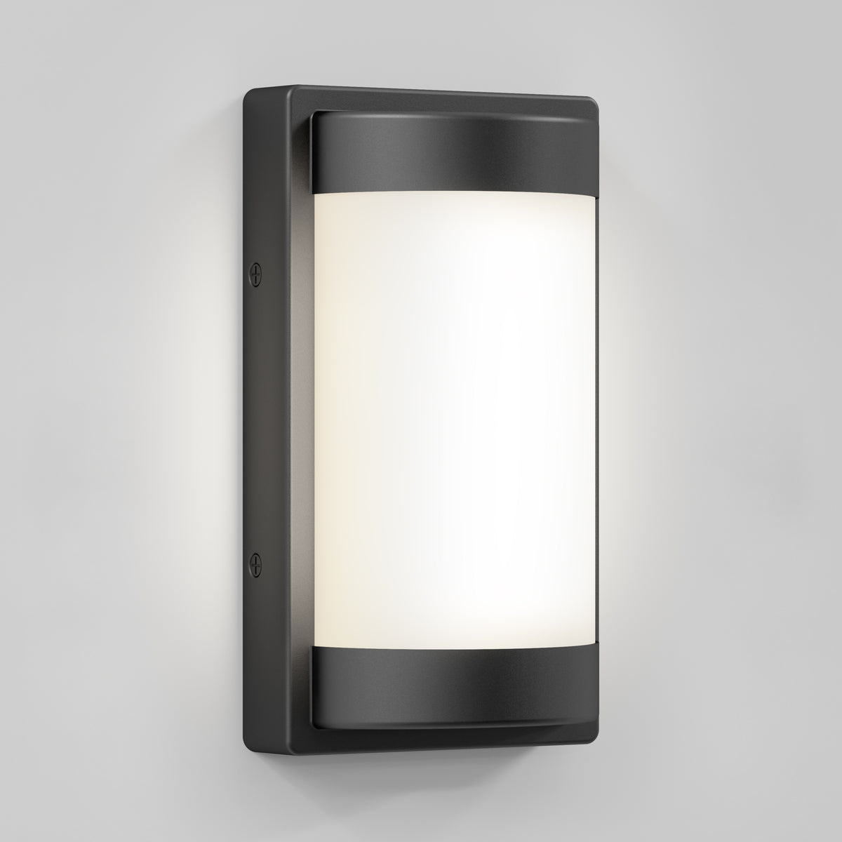 A modern rectangular wall sconce with a matte black frame and a frosted white glass cover, mounted on a light gray wall. The light appears to be evenly illuminated.