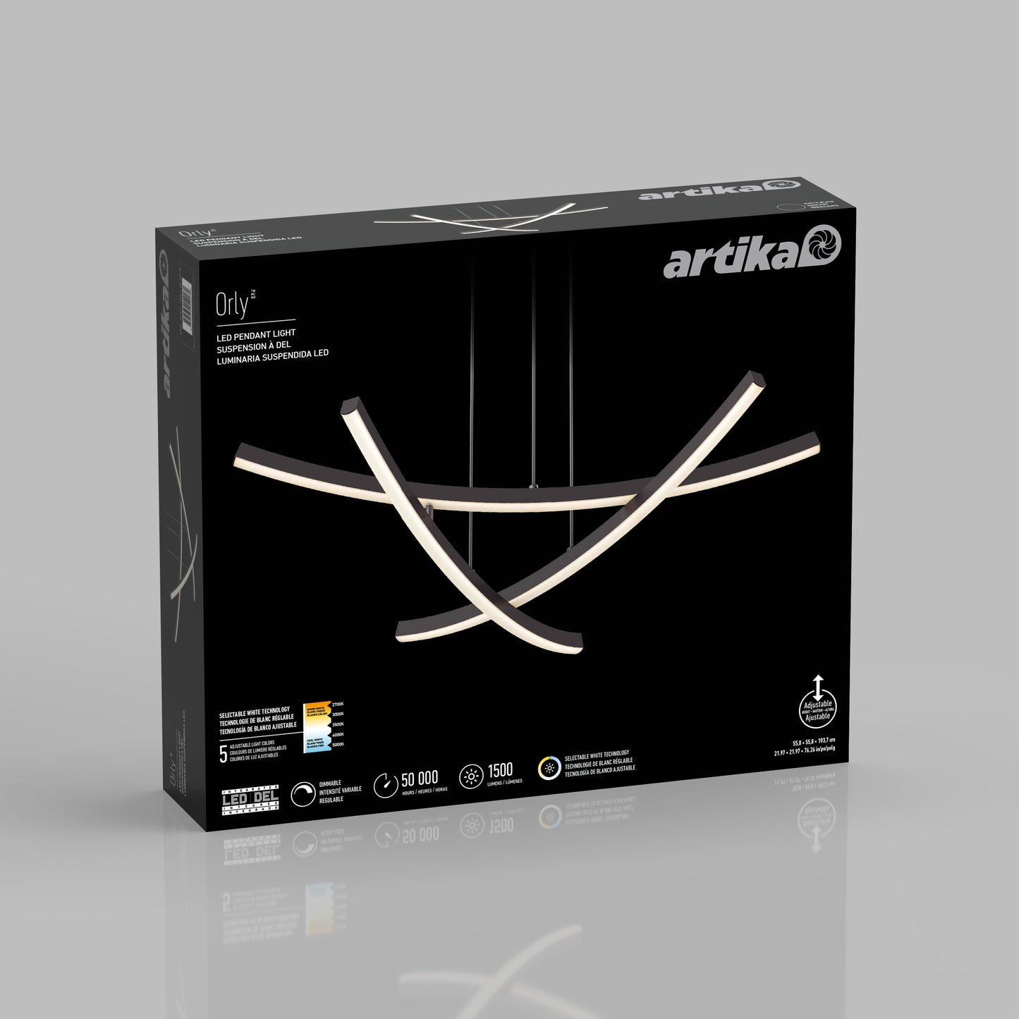 A black box for Artika-CAN-dev’s Orly modern LED pendant light 5 CCT displays an image of the sleek fixture, with product details and icons highlighting its LED features, brightness levels, and long lifespan.