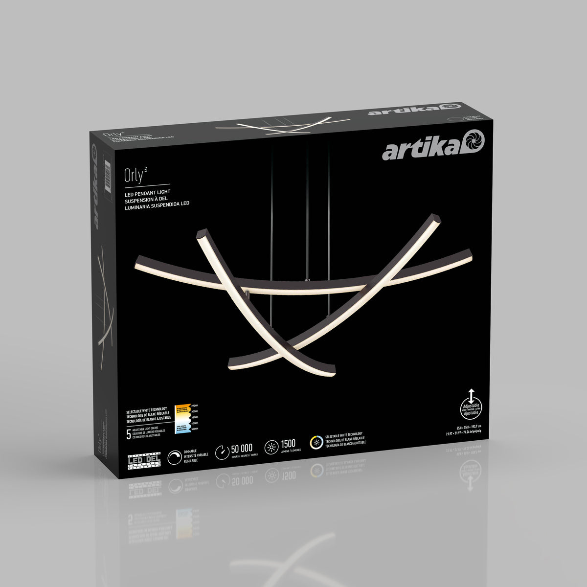 Black box packaging for the Artika Orly LED pendant light, featuring an image of the modern, curved light fixture on the front, with product features and specifications displayed in white text.