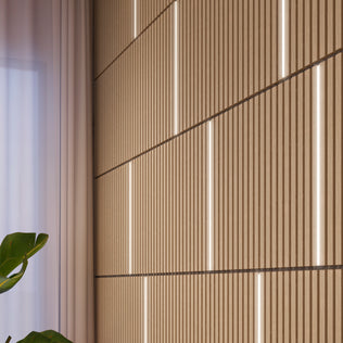Artika Lumilok LED Wall Panel Light with Remote for Sonolok, shown with a curtain and green plant in the foreground.