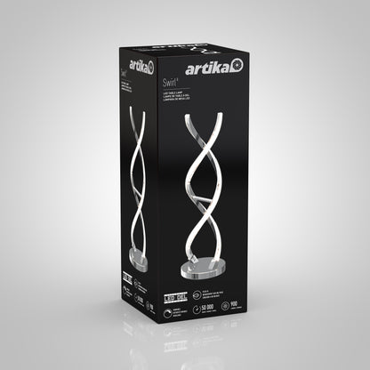 A black rectangular box showcases the Artika Swirl LED table lamp with a modern spiral design, and displays product details and specifications on the packaging.