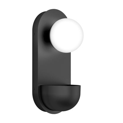 The Artika Bloomfield LED modern mid-century wall sconce 5 CCT features a sleek black finish, an oval backplate, a round white globe light on top, and a curved bowl-like accent at the bottom for stylish illumination.