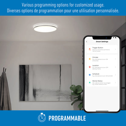 The Artika Macy 15 in. LED modern flush mount light adds style to any room. Control RGB colors and customize settings via smartphone with WiFi connectivity for programmable lighting options.