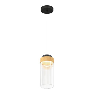 The Artika Hanson 1-light LED pendant 5 CCT features a black ceiling mount, black cord, cylindrical clear glass shade, and wooden accent near the top for a modern touch.