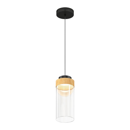 The Artika Hanson 1-light LED pendant 5 CCT features a black ceiling mount, black cord, cylindrical clear glass shade, and wooden accent near the top for a modern touch.