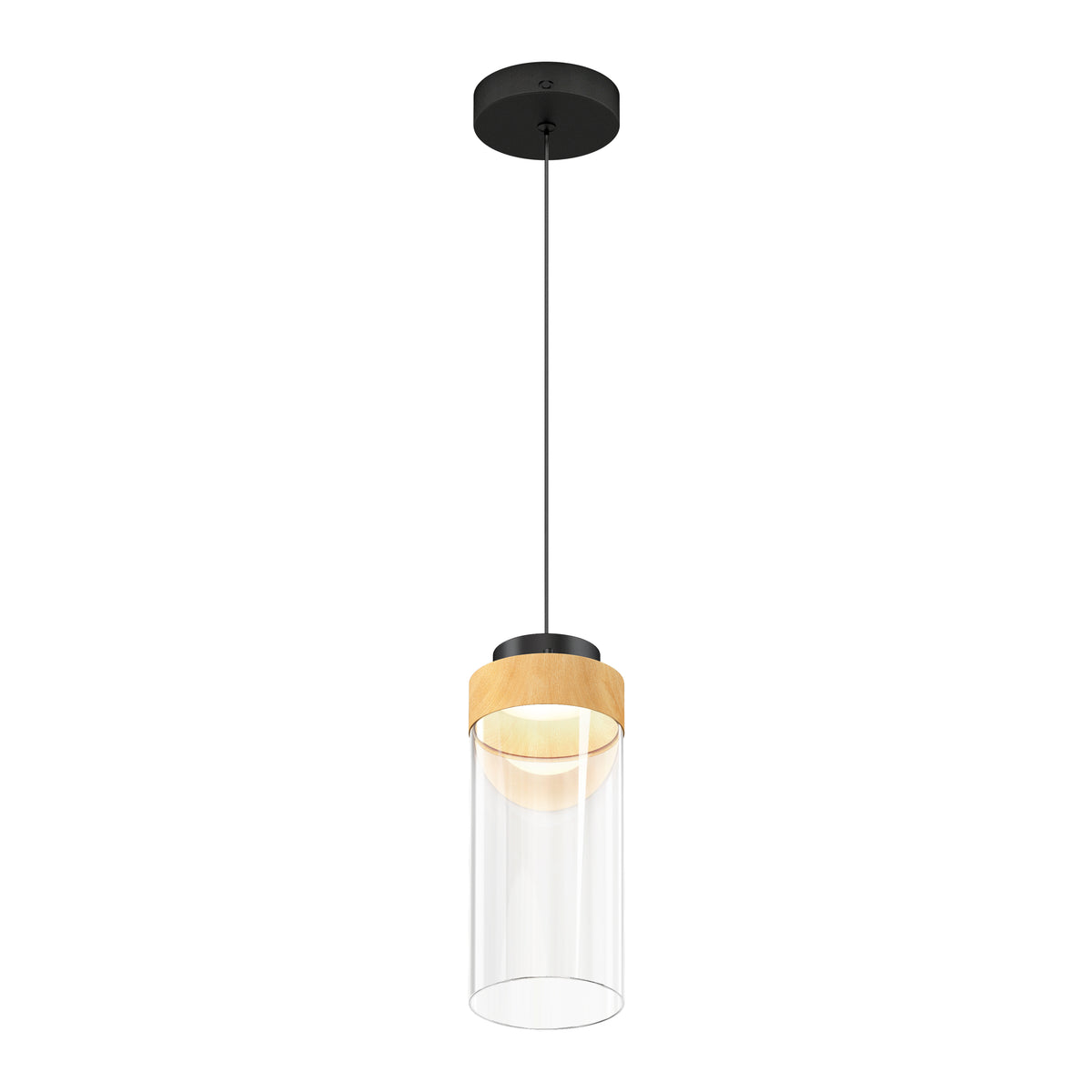 A modern pendant light with a black ceiling mount, a slim black cord, a wooden accent, and a clear cylindrical glass shade.