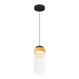 A modern pendant light with a black ceiling mount, a slim black cord, a wooden accent, and a clear cylindrical glass shade.