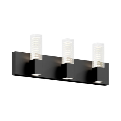 The Artika Hologram LED modern bathroom vanity light features three clear rectangular glass shades on a sleek black wall-mounted base, offering 5 CCT options for customizable lighting.
