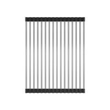 A top-down view of a rectangular stainless steel dish drying rack with parallel metal rods held together by black silicone ends, set against a white background.