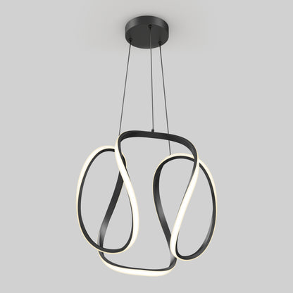 The Artika Vivaldi Big LED pendant light features sculptural black metal loops with integrated LED strips, suspended by thin wires from a round black ceiling mount, set against a plain light gray background.