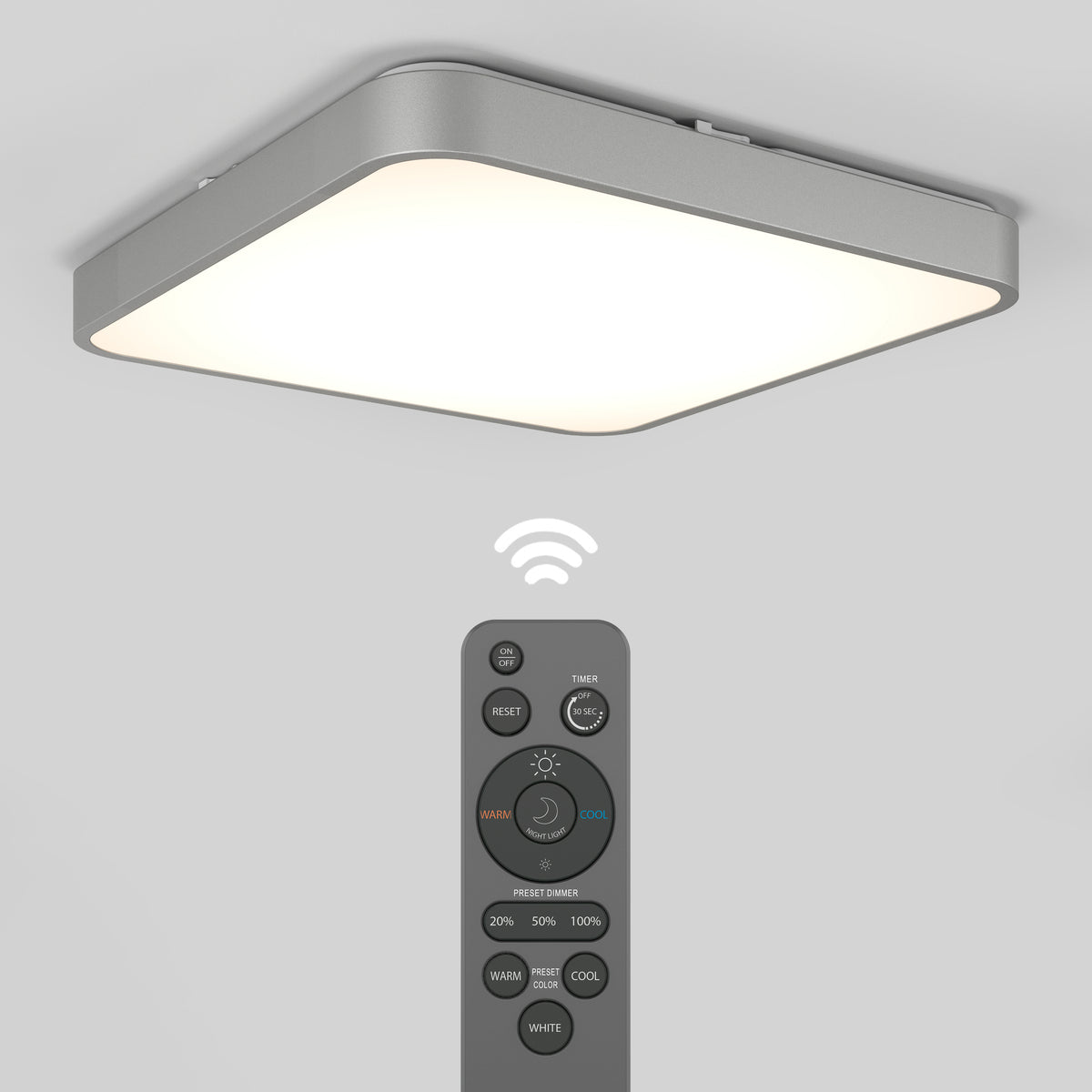 A square ceiling light glows brightly above a remote control, which features various buttons for brightness, color temperature, and timer settings. A wireless symbol indicates remote operation.