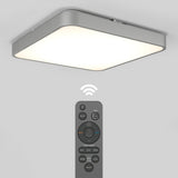A square ceiling light glows brightly above a remote control, which features various buttons for brightness, color temperature, and timer settings. A wireless symbol indicates remote operation.