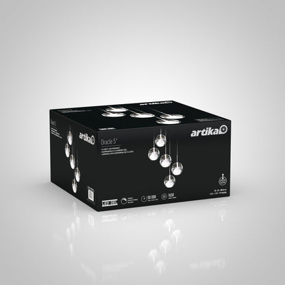 A black box from Artika-CAN-dev displays an image and description of the Oracle modern 5-light LED pendant, featuring product details and icons on a gray gradient background.