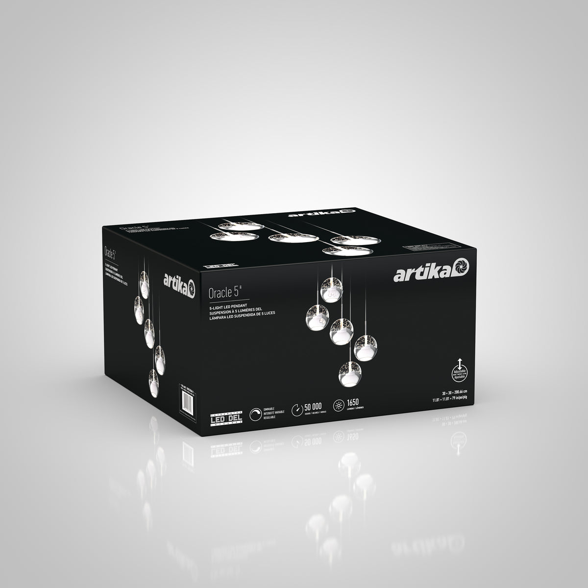 A black box of Artika Oracle 5 LED pendant lights featuring images of the five-light fixture and product details printed in white on a plain, light gray background.