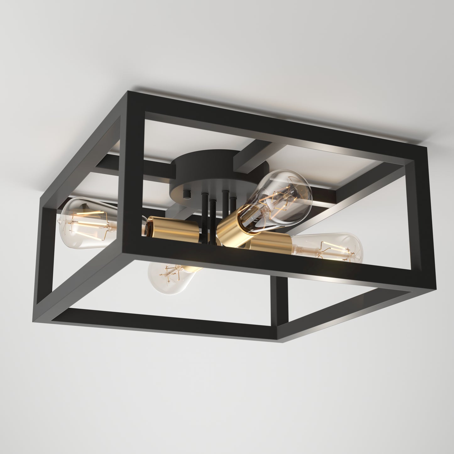 The Artika Princeton 4-light flush mount features a black rectangular metal frame with gold accents and four exposed bulbs on a central hub, adding a modern touch to any white ceiling.