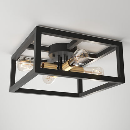 The Artika Princeton 4-light flush mount features a black rectangular metal frame with gold accents and four exposed bulbs on a central hub, adding a modern touch to any white ceiling.