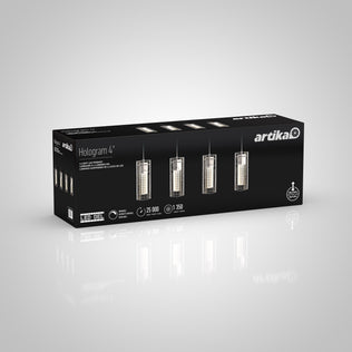 A rectangular black box for the Artika Hologram 4-light LED pendant displays four hanging lights, with key features and certifications shown on the front and side of the packaging.