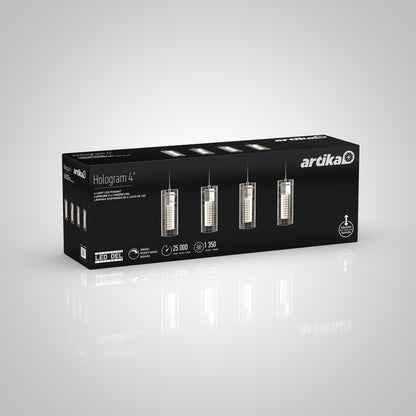 A black rectangular box for the Artika Hologram 4-light LED pendant displays four hanging lights on the front, with product details and branding in white text on a reflective background.
