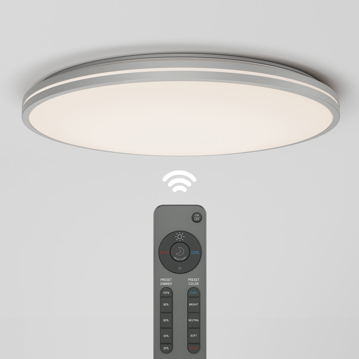 A modern round LED ceiling light with a remote control beneath it. The remote features various buttons for adjusting brightness and color temperature. A wireless symbol indicates remote operation.