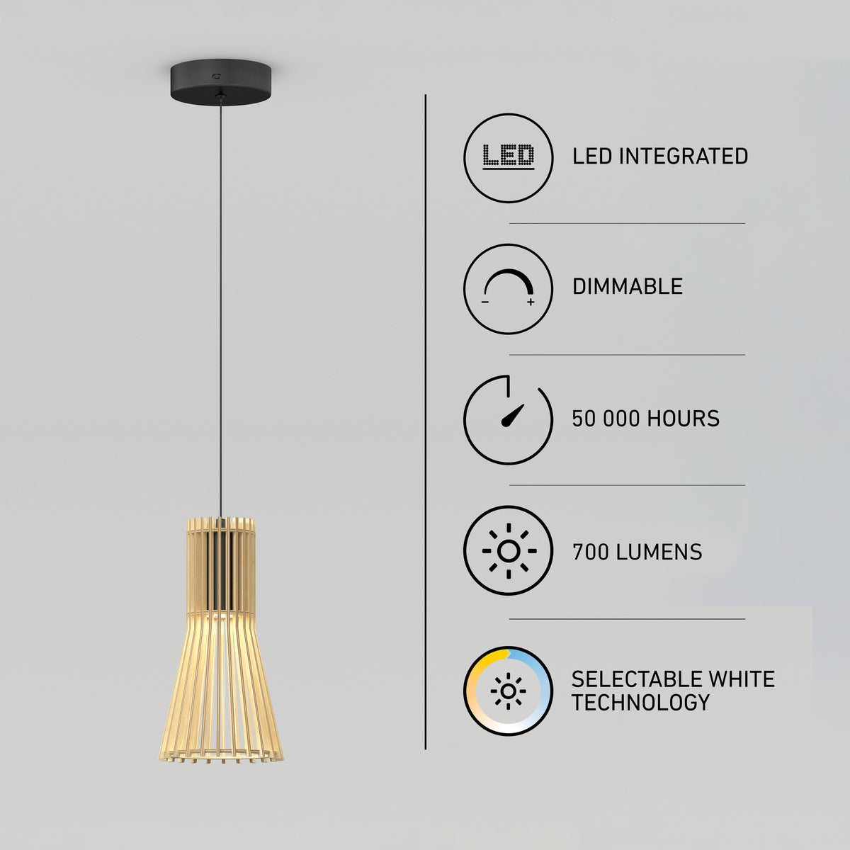 A modern wooden pendant light hangs from the ceiling. On the right, icons highlight features: LED integrated, dimmable, 50,000 hours lifespan, 700 lumens, and selectable white technology.