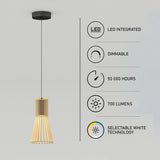 A modern wooden pendant light hangs from the ceiling. On the right, icons highlight features: LED integrated, dimmable, 50,000 hours lifespan, 700 lumens, and selectable white technology.