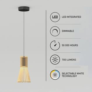 The Artika Kiyo modern LED pendant 3 CCT features a wooden slatted shade, black ceiling mount, integrated dimmable LED with selectable white (3 CCT), 700 lumens, and a 50,000-hour lifespan.