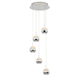Modern pendant light fixture with five spherical chrome and frosted glass lamps hanging at varying lengths from a round ceiling mount.