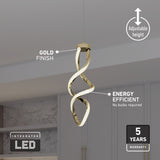 A modern gold-finish LED pendant light with a twisted design hangs from the ceiling. Labels highlight its adjustable height, energy efficiency, and 5-year warranty. Marble backsplash and cabinets are visible in the background.
