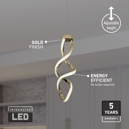 A modern gold-finish LED pendant light with a twisted design hangs from the ceiling. Labels highlight its adjustable height, energy efficiency, and 5-year warranty. Marble backsplash and cabinets are visible in the background.