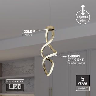 The Artika Mini Swirl LED pendant light features a modern gold finish, twisted design, adjustable height, energy efficiency, integrated LED, and comes with a 5-year warranty—perfect for stylish kitchens.
