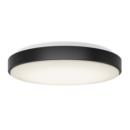 The Artika Sunraker 10 in. LED modern flush mount light features a minimalist round design with a black outer rim and white diffused center, shown against a plain white background.