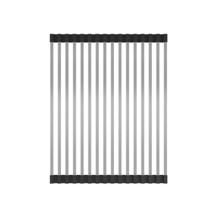 A top-down view of the Artika Newport single bowl 31 in. stainless steel workstation sink, featuring evenly spaced parallel metal rods and black silicone ends, displayed on a white background.